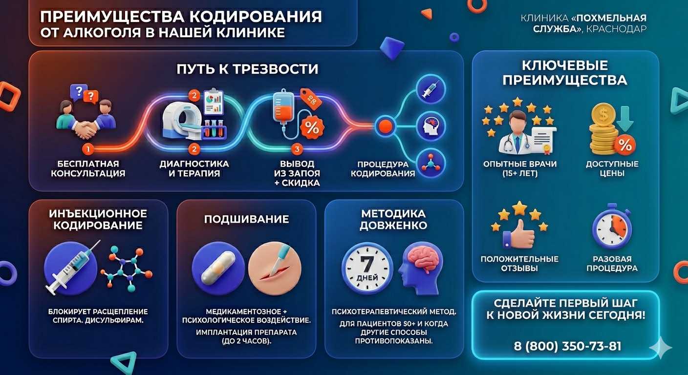 Инфографика о методах кодирования от алкоголя в Горном: инъекции, подшивание, метод Довженко. Преимущества клиники и этапы лечения.