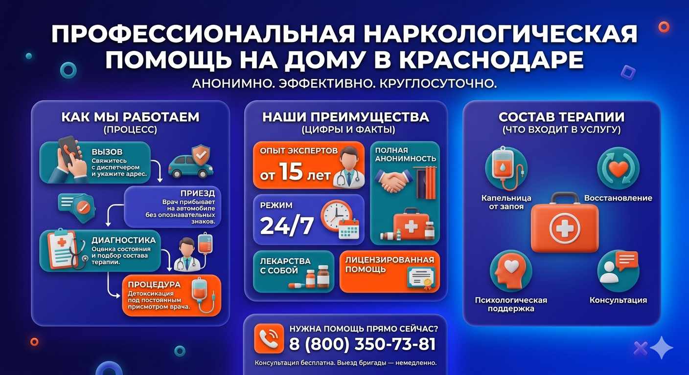 Инфографика о принципах лечения алкоголизма на дому в Горном: этапы вызова нарколога, преимущества анонимной детоксикации и состав медицинской помощи.